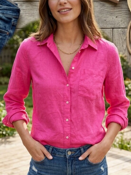 GAP Tops - GAP Hot Pink Linen-Blend Button-Down Shirt